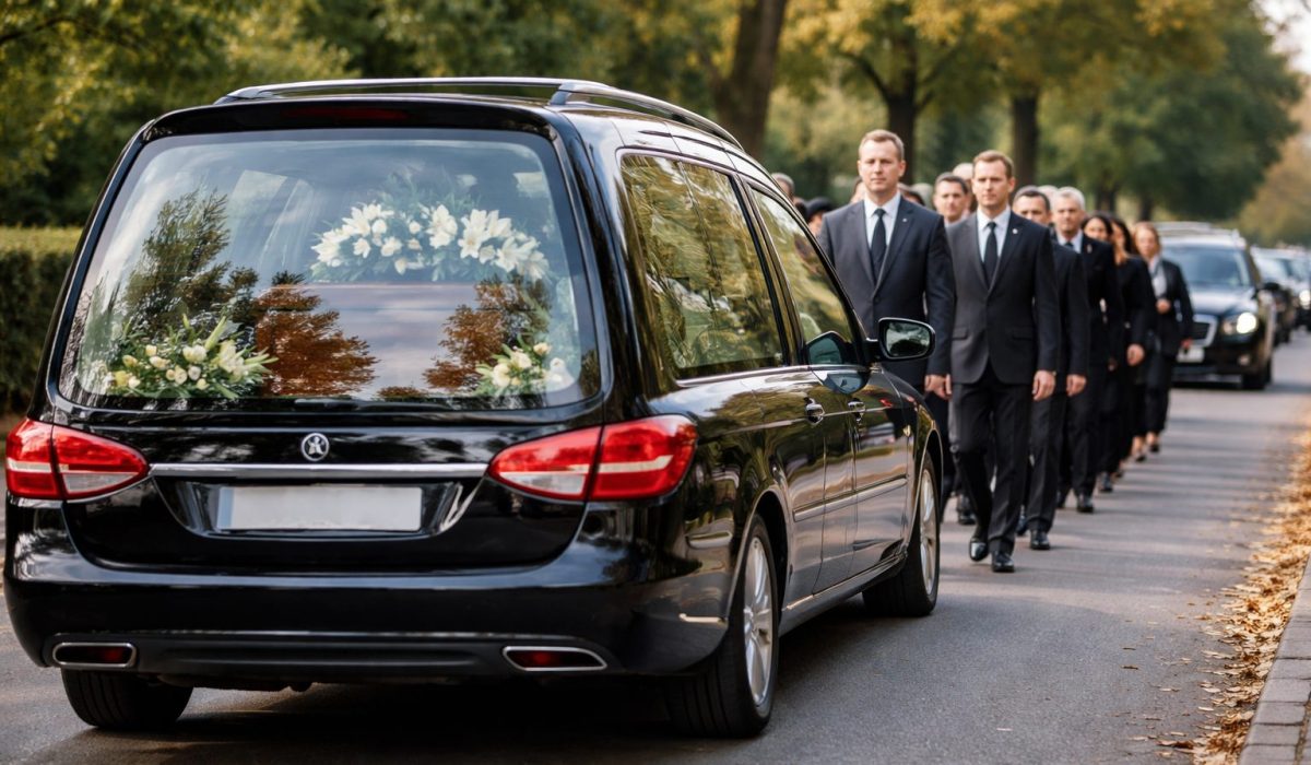 Convoi funéraire avec corbillard noir transportant un cercueil fleuri, suivi de proches marchant en silence et d’une file de véhicules