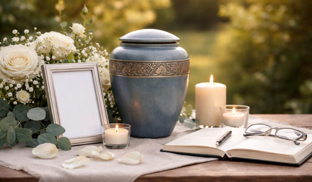 Urne funéraire bleue sur une table avec bougies, fleurs blanches, carnet ouvert et cadre photo lors d’un hommage lié à la crémation