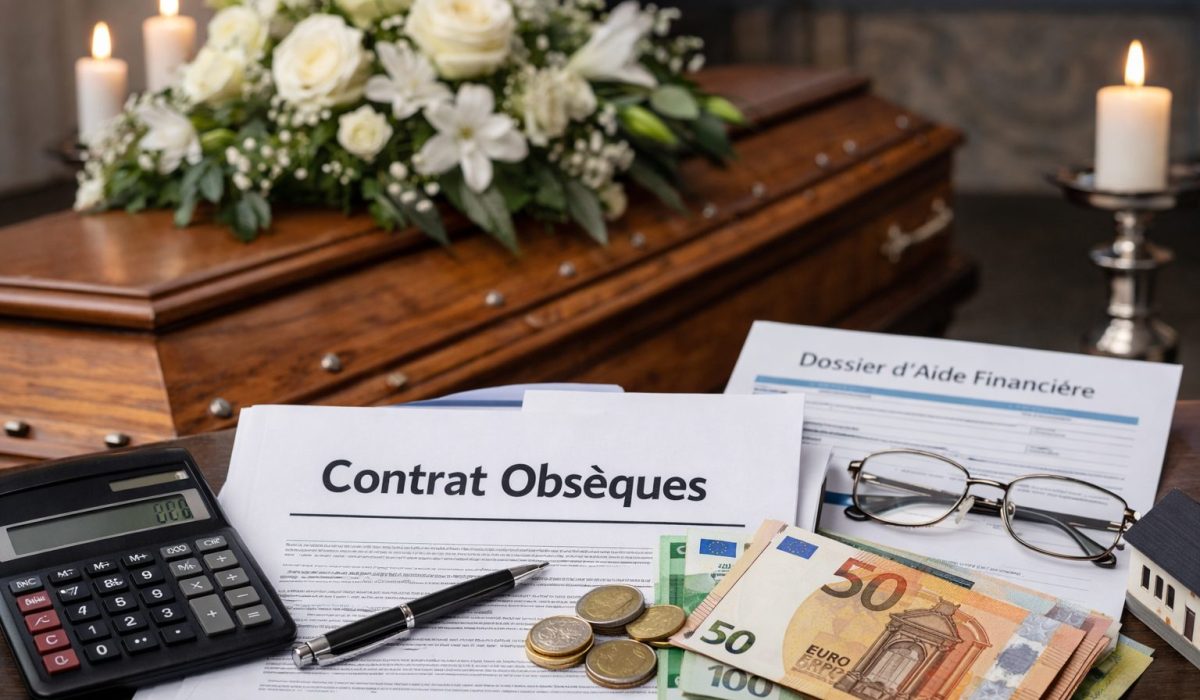 Contrat obsèques, dossier d’aide financière, calculatrice et billets en euros posés sur une table, avec un cercueil fleuri et des bougies en arrière-plan.