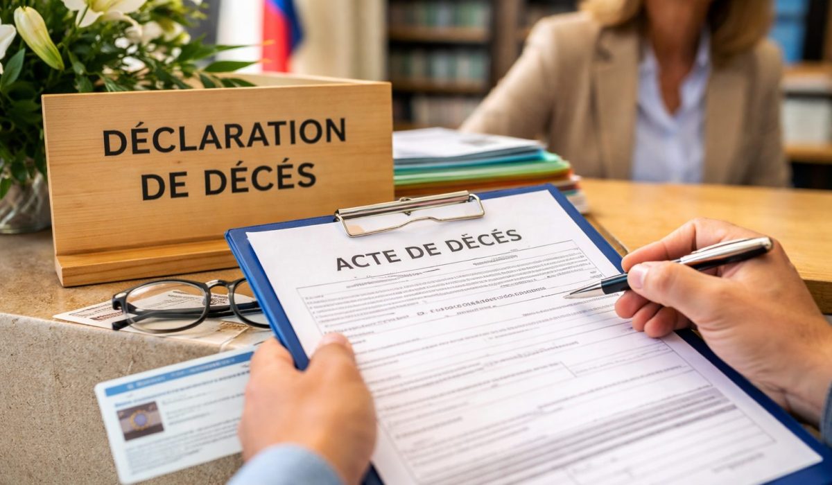 Mains tenant un dossier de déclaration de décès avec acte de décès sur un clipboard au guichet de l’état civil en mairie, drapeau français en arrière-plan.