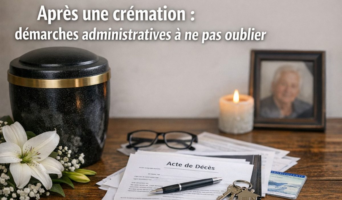 Urne funéraire posée sur une table avec un acte de décès, des documents administratifs, des clés, des lunettes, une bougie allumée et une photo encadrée en arrière-plan.