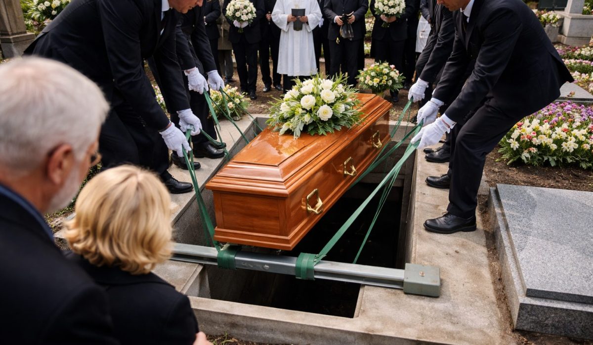 Descente d’un cercueil dans un caveau funéraire lors d’une cérémonie d’inhumation au cimetière en présence de la famille