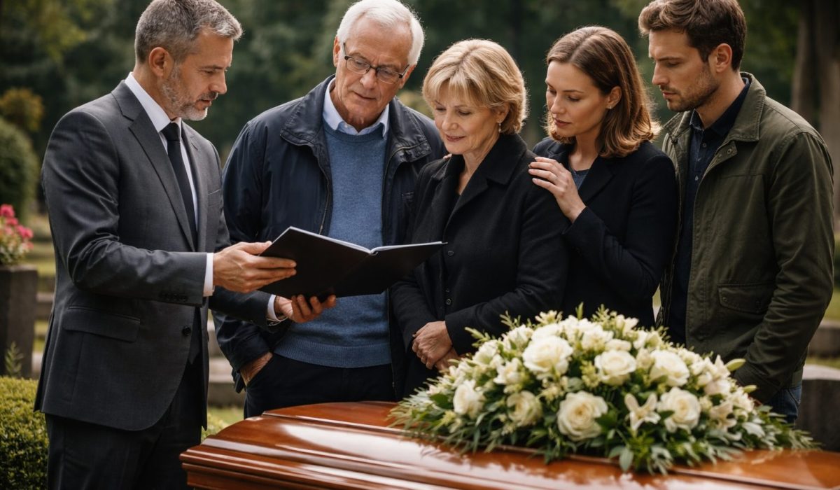 Échanges entre proches et professionnel au cimetière pour préparer les décisions essentielles avant l’inhumation.