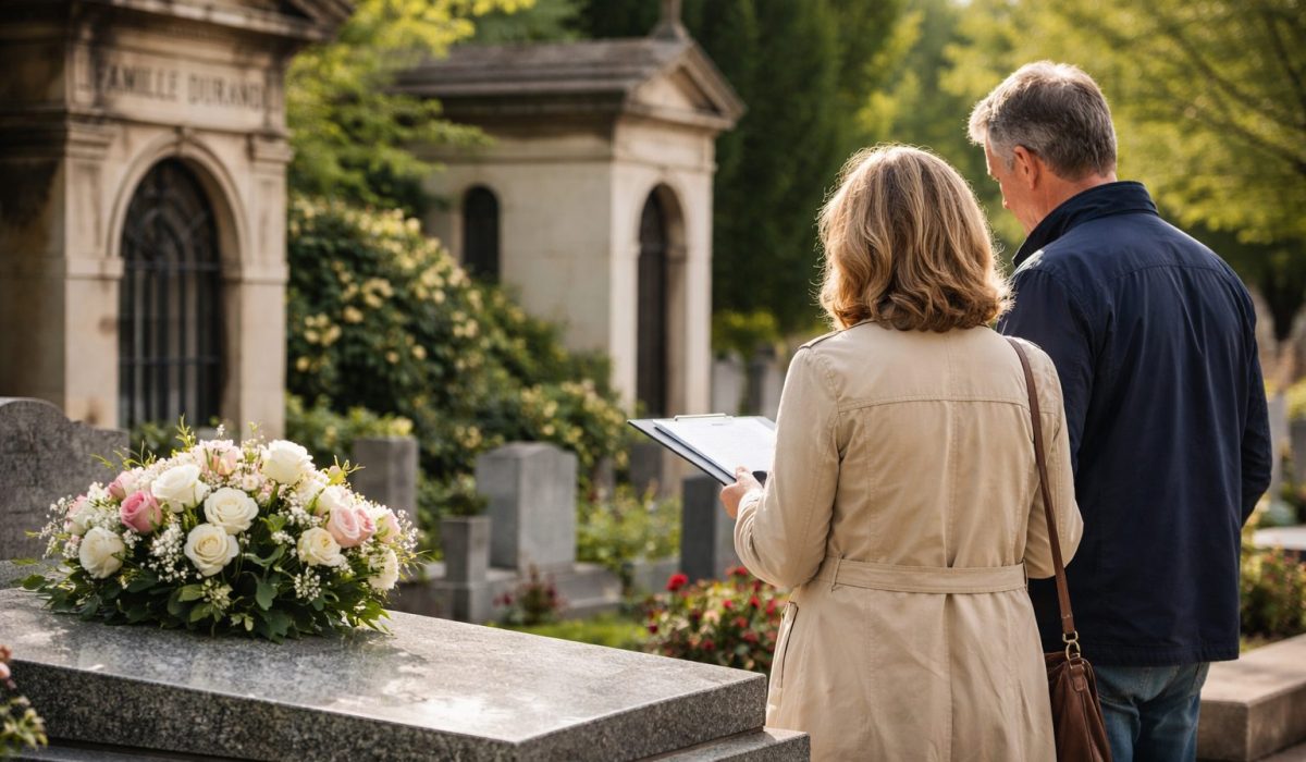 Un couple consulte des documents près d’une tombe fleurie dans un cimetière, avec des mausolées en arrière-plan.