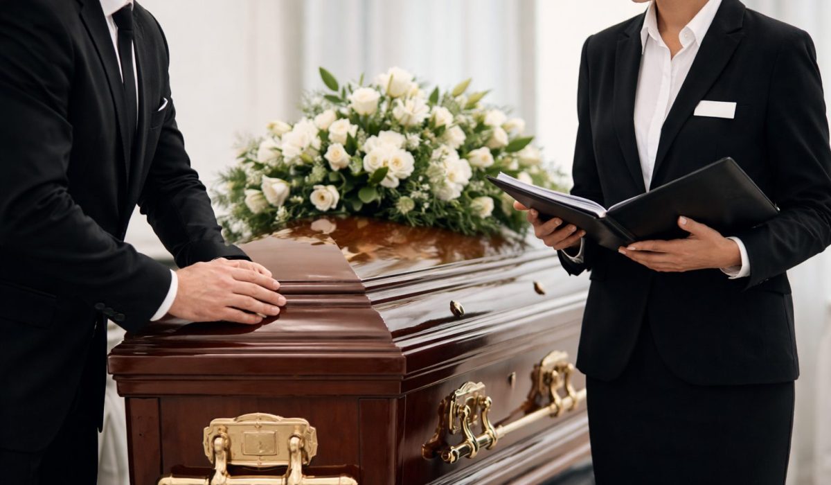 Deux professionnels des pompes funèbres en tenue noire vérifient des documents près d’un cercueil en bois avec une composition de fleurs blanches, dans un salon funéraire lumineux.