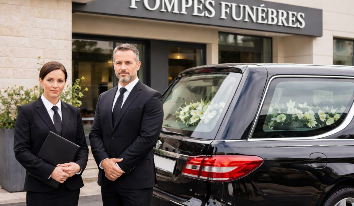 Deux professionnels des pompes funèbres en tenue noire devant une agence, à côté d’un corbillard noir décoré de fleurs blanches