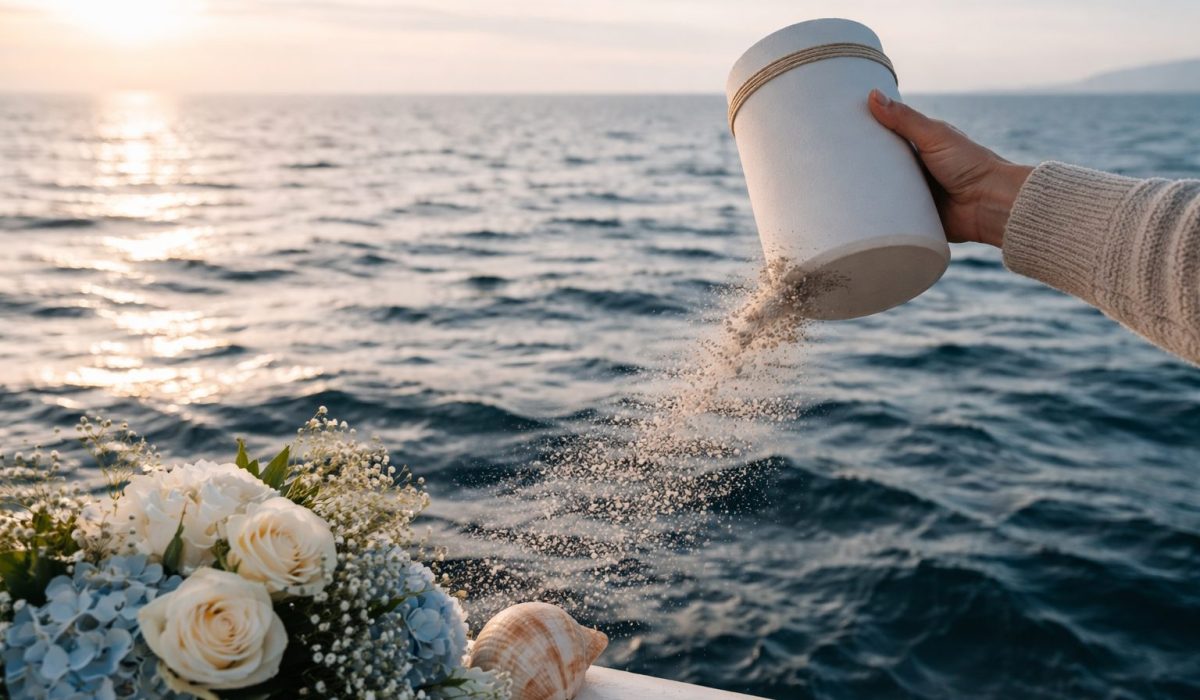 Main tenant une urne biodégradable et dispersant des cendres au-dessus de la mer depuis un bateau, avec un bouquet de fleurs au premier plan au coucher du soleil.