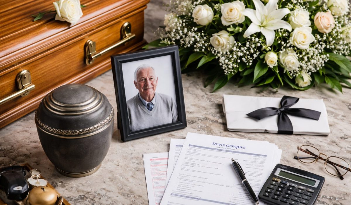 Scène funéraire horizontale montrant un cercueil en bois, une urne, un bouquet de fleurs blanches, une photo du défunt et des documents de devis d’obsèques avec calculatrice