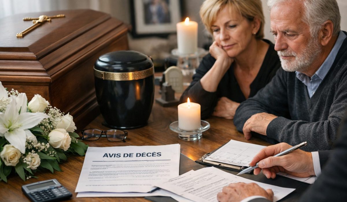 Couple assis à une table avec documents funéraires, bougies, fleurs blanches, cercueil et urne, pendant la préparation des obsèques.
