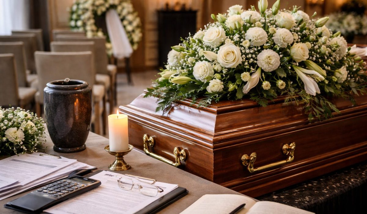 Cercueil en bois verni recouvert de fleurs blanches, urne noire et bougie allumée sur une table avec documents et calculatrice dans une salle de cérémonie