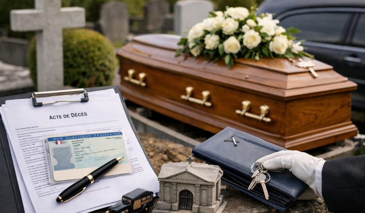 Dossier d’inhumation avec acte de décès, carte d’identité et stylo devant un cercueil fleuri au cimetière