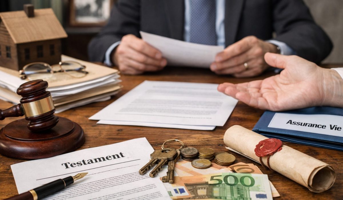 Notaire examinant des documents de succession sur une table avec testament, clés de maison, argent et dossier d’assurance-vie