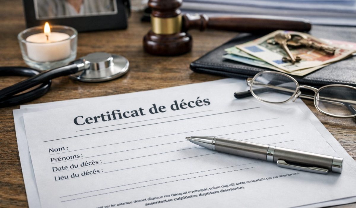 Certificat de décès posé sur un bureau avec un stylo, un stéthoscope, une bougie, des papiers d’assurance et un maillet, illustrant les démarches après un décès.