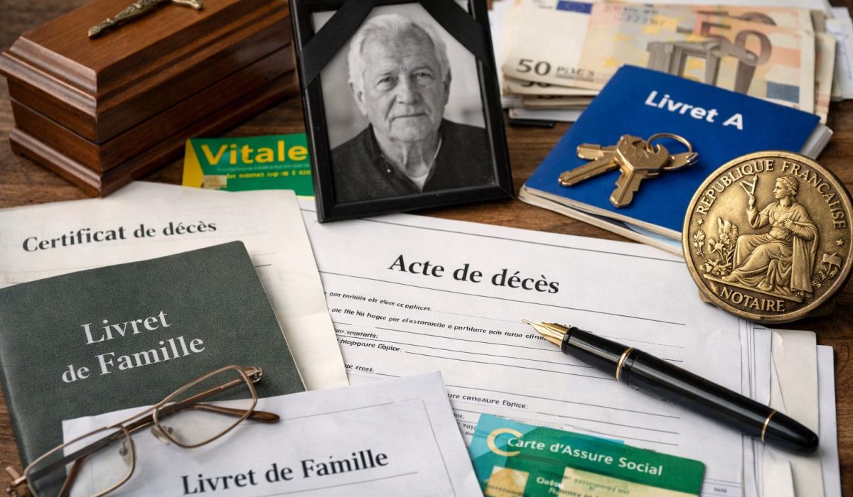 Photo horizontale de documents administratifs liés à un décès (certificat et acte de décès), livret de famille, carte Vitale, papiers bancaires, clés et sceau de notaire, posés sur une table.