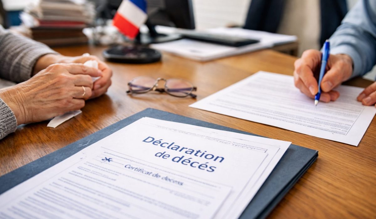 Mains remplissant un formulaire de déclaration de décès sur un bureau en mairie, avec un petit drapeau français en arrière-plan