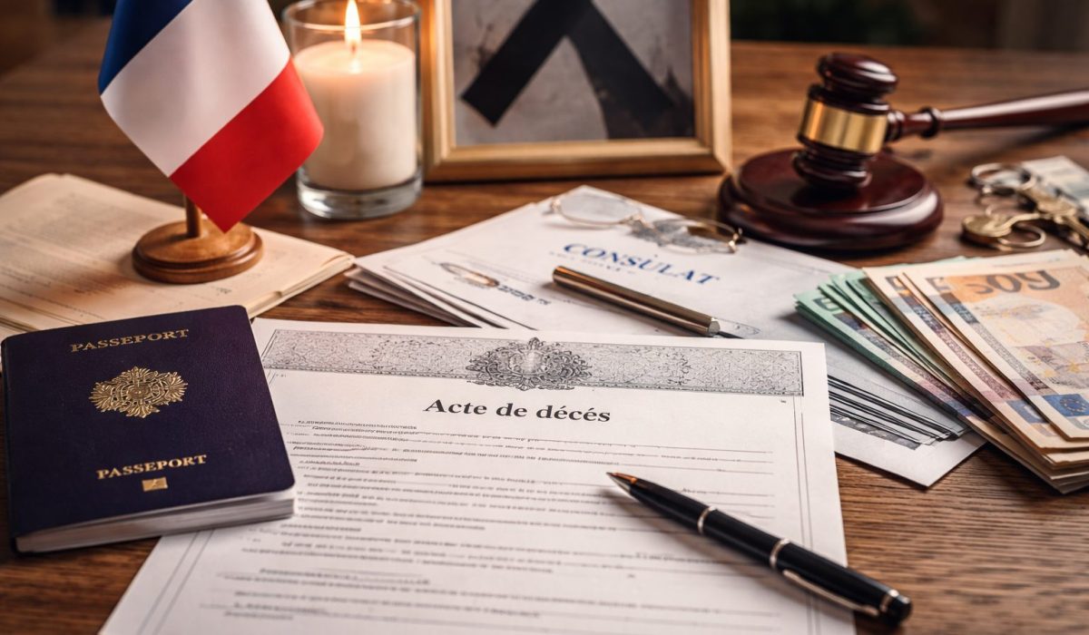 Dossier “acte de décès” avec passeport français, documents de consulat, bougie et symboles administratifs sur une table, illustrant les formalités après un décès à l’étranger.