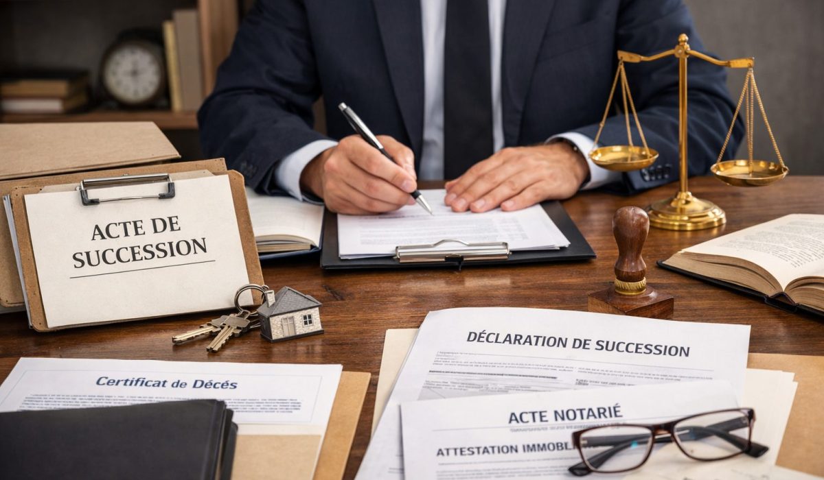 Notaire signant des documents de succession sur un bureau avec attestation, déclaration de succession, clés et maquette de maison