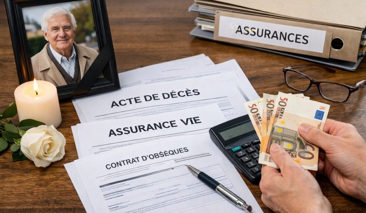 Mains tenant des billets en euros près d’un dossier avec acte de décès, assurance vie et contrat d’obsèques, avec bougie et photo du défunt sur une table