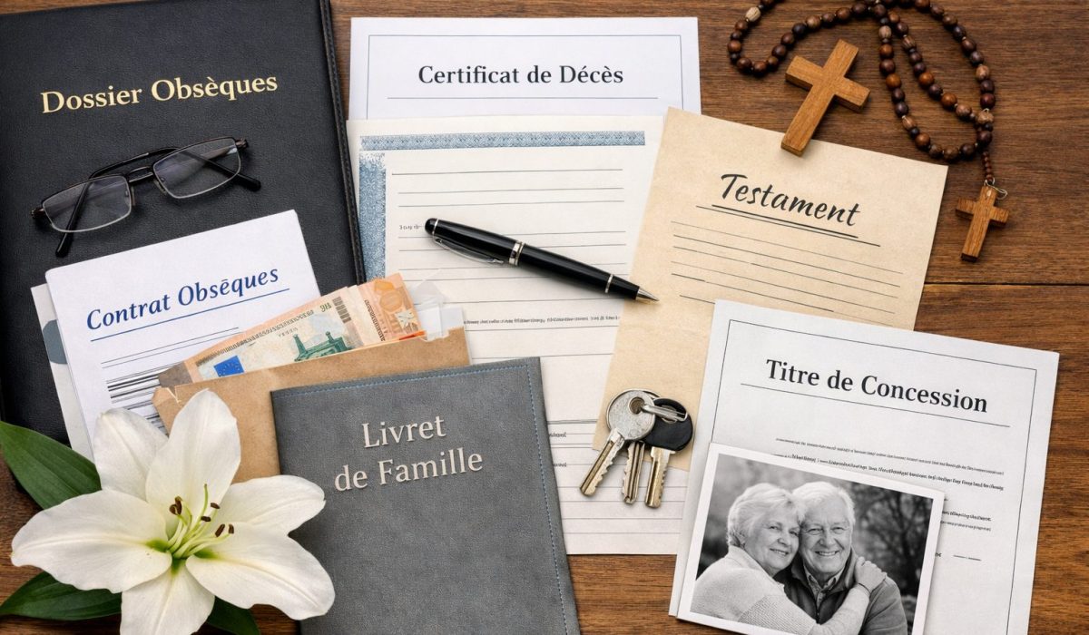 Vue horizontale de documents funéraires sur une table en bois (dossier obsèques, certificat de décès, contrat obsèques, livret de famille, testament, titre de concession), avec une fleur de lys blanche, un chapelet, une croix, des clés, un stylo et une photo souvenir.
