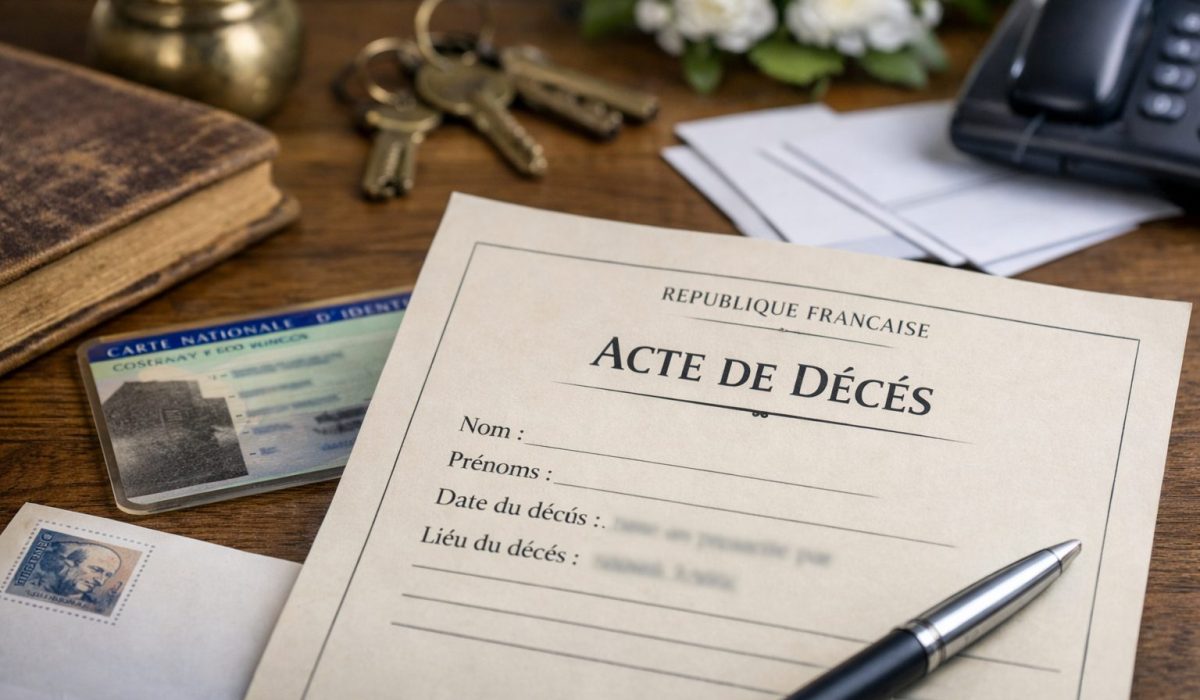Document d’acte de décès posé sur un bureau avec une carte d’identité, un stylo, des clés et des enveloppes, illustrant les formalités administratives après un décès