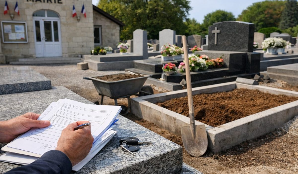 Personne signant des documents administratifs sur une tombe en granit, avec une mairie en arrière-plan et un cimetière en cours d’aménagement.