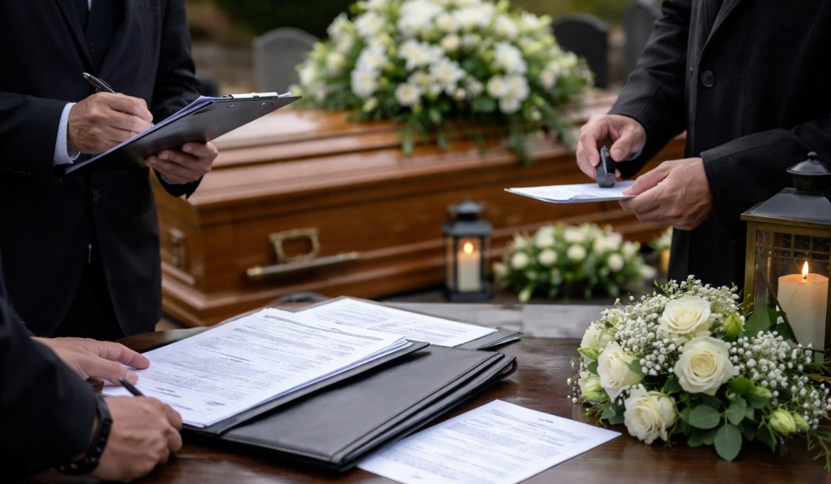 Signature de documents funéraires avant une inhumation, avec cercueil fleuri et dossier administratif au cimetière
