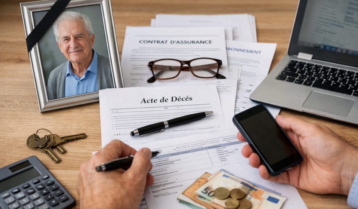 Mains tenant un téléphone et un stylo au-dessus de documents administratifs, avec un acte de décès, des contrats et un ordinateur, illustrant la résiliation d’abonnements après décès.