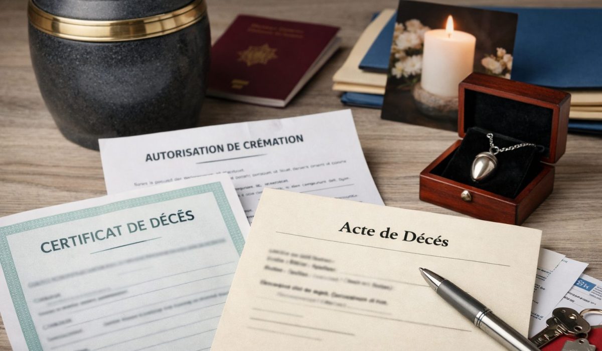 Urne funéraire et documents administratifs pour une crémation posés sur une table, avec certificat de décès, acte de décès et autorisation de crémation.