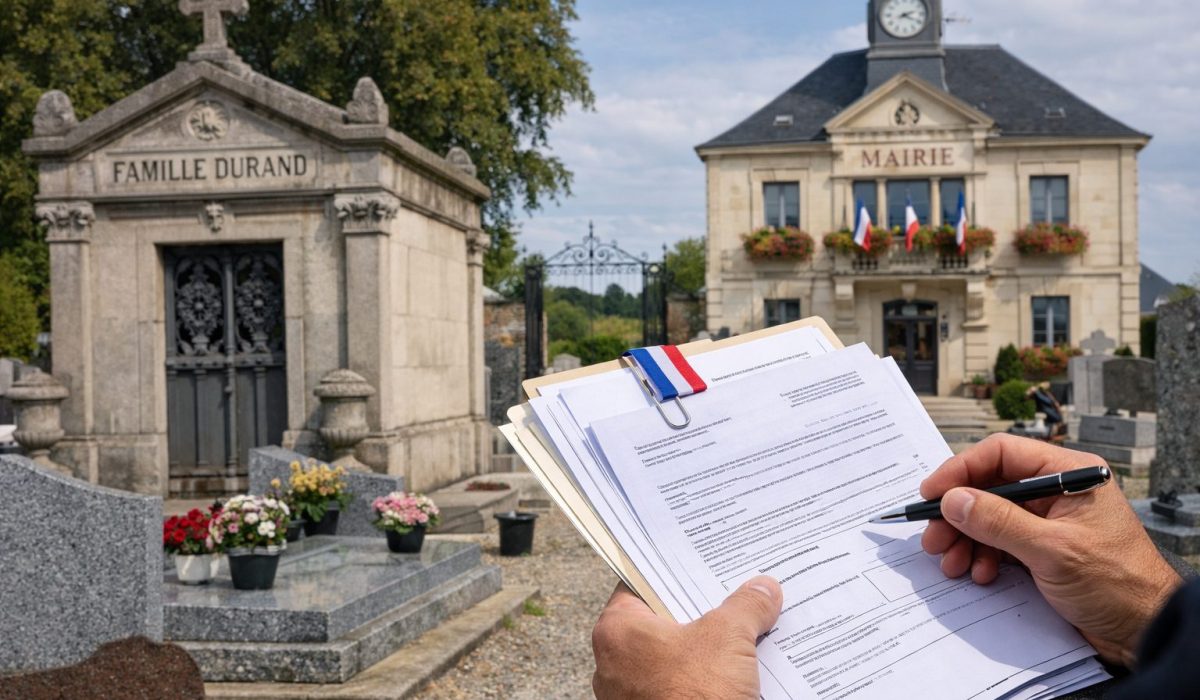 Mains tenant un dossier de documents administratifs dans un cimetière, avec un monument familial et une mairie en arrière-plan
