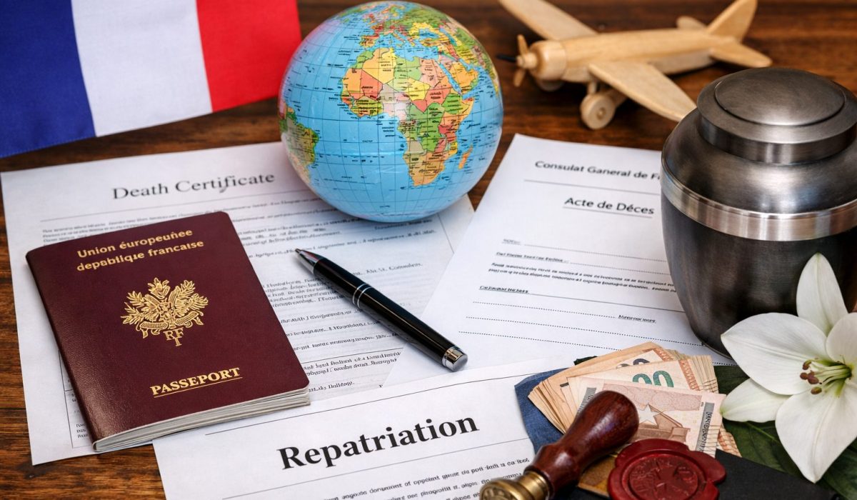 Passeport français, acte de décès, formulaire de consulat, globe, urne funéraire et documents de rapatriement posés sur une table