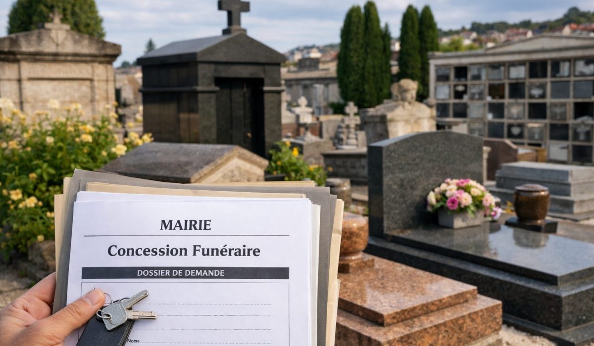 Main tenant un dossier “Mairie – Concession funéraire” avec des clés, devant des tombes dans un cimetière