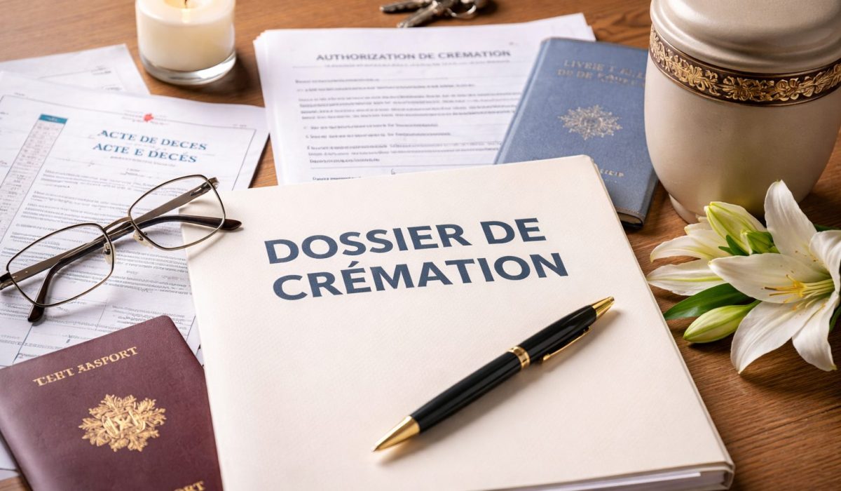 Dossier de crémation posé sur un bureau avec acte de décès, formulaire d’autorisation de crémation, livret de famille, stylo, lunettes et urne funéraire.