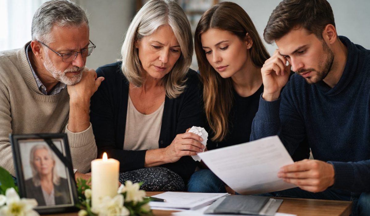Famille endeuillée réunie dans un salon, consultant des documents après un décès, avec une photo encadrée, une bougie allumée et des fleurs blanches sur la table.