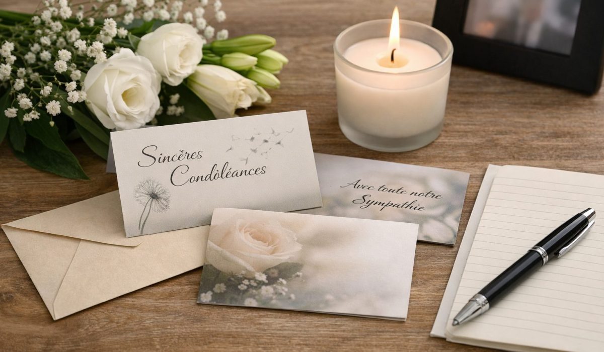 Composition sobre avec cartes de condoléances, bouquet de fleurs blanches, bougie allumée, carnet et stylo posés sur une table en bois.