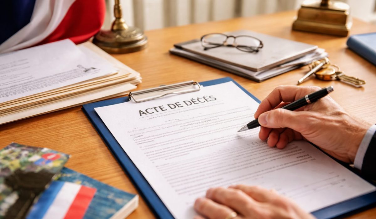 Main signant un acte de décès sur un bureau en mairie, avec dossiers administratifs et drapeau français en arrière-plan