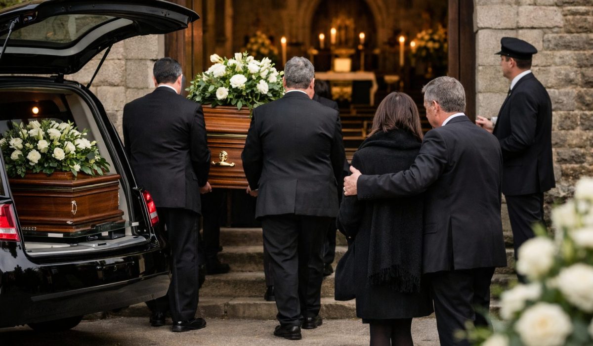 Porteurs transportant un cercueil fleuri depuis un corbillard vers l’entrée d’une église, avec des proches présents