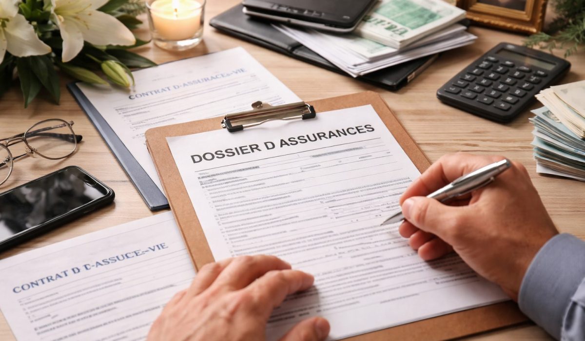 Personne remplissant un dossier d’assurances après un décès, avec contrat d’assurance-vie, papiers administratifs et calculatrice sur une table.