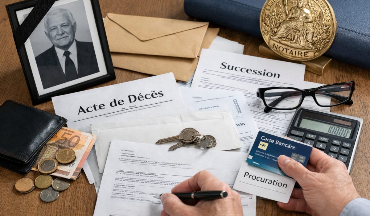 Mains signant des documents de succession avec acte de décès, carte bancaire, procuration et dossiers notariés sur une table