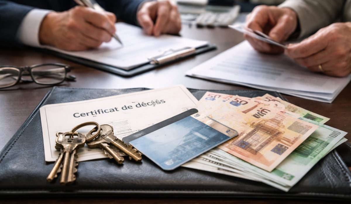 Mains consultant des documents de succession avec un certificat de décès, des clés, une carte bancaire et des billets en euros sur un bureau