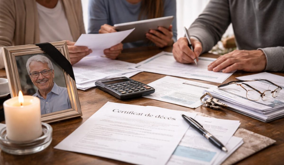 Des proches remplissent des documents administratifs après un décès, avec une photo encadrée et une bougie sur une table.