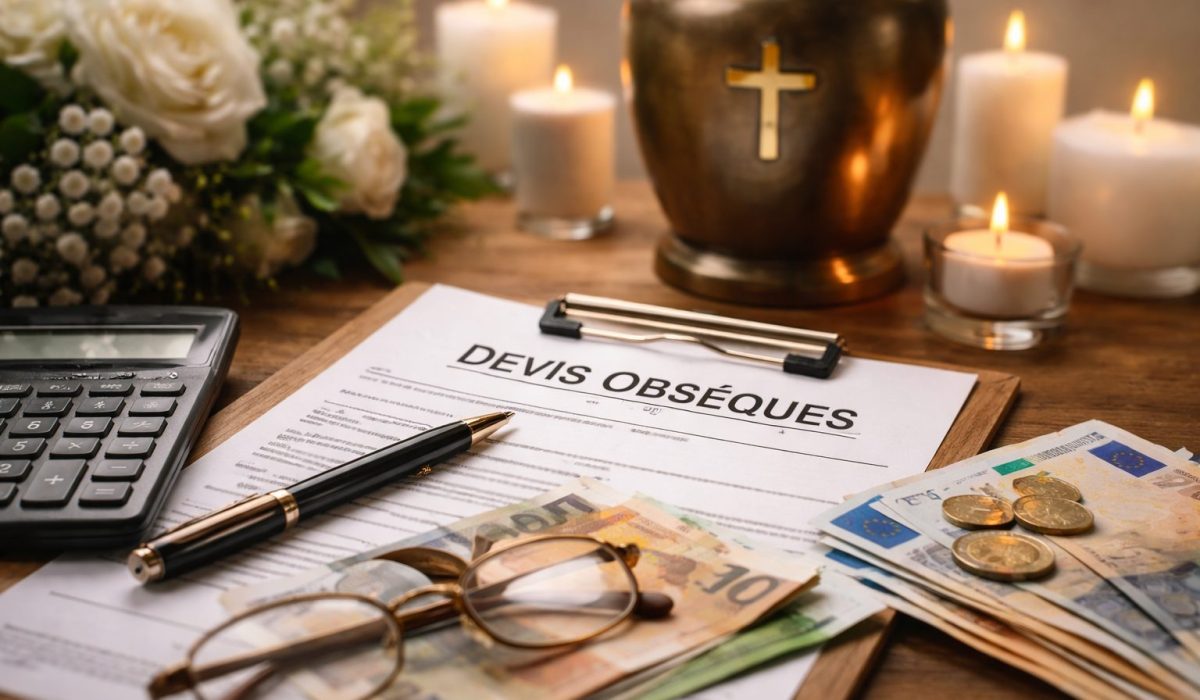 Devis obsèques posé sur une table avec calculatrice, billets en euros, urne funéraire, bougies et fleurs blanches en arrière-plan