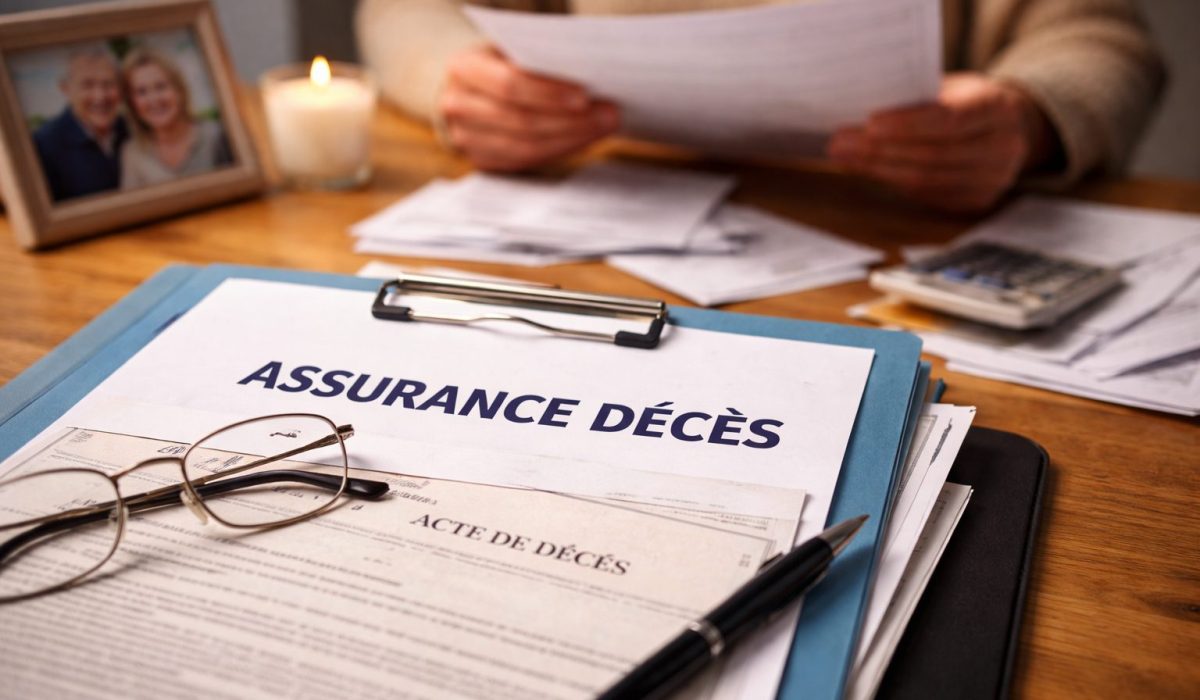 Personne triant des documents d’assurance décès avec un acte de décès, un stylo et des lunettes sur une table, photo de famille et bougie en arrière-plan