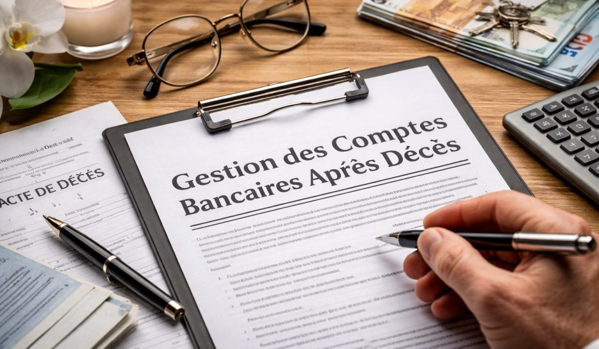 Main signant un dossier de succession avec acte de décès, documents bancaires, billets en euros et clés posés sur un bureau, illustrant la gestion des comptes bancaires après décès.