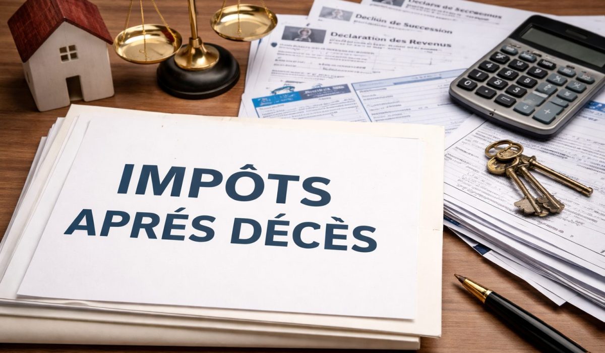 Bureau en bois avec un dossier « Impôts après décès », des formulaires de déclaration de succession et de revenus, une calculatrice, des clés, une maquette de maison et une balance.