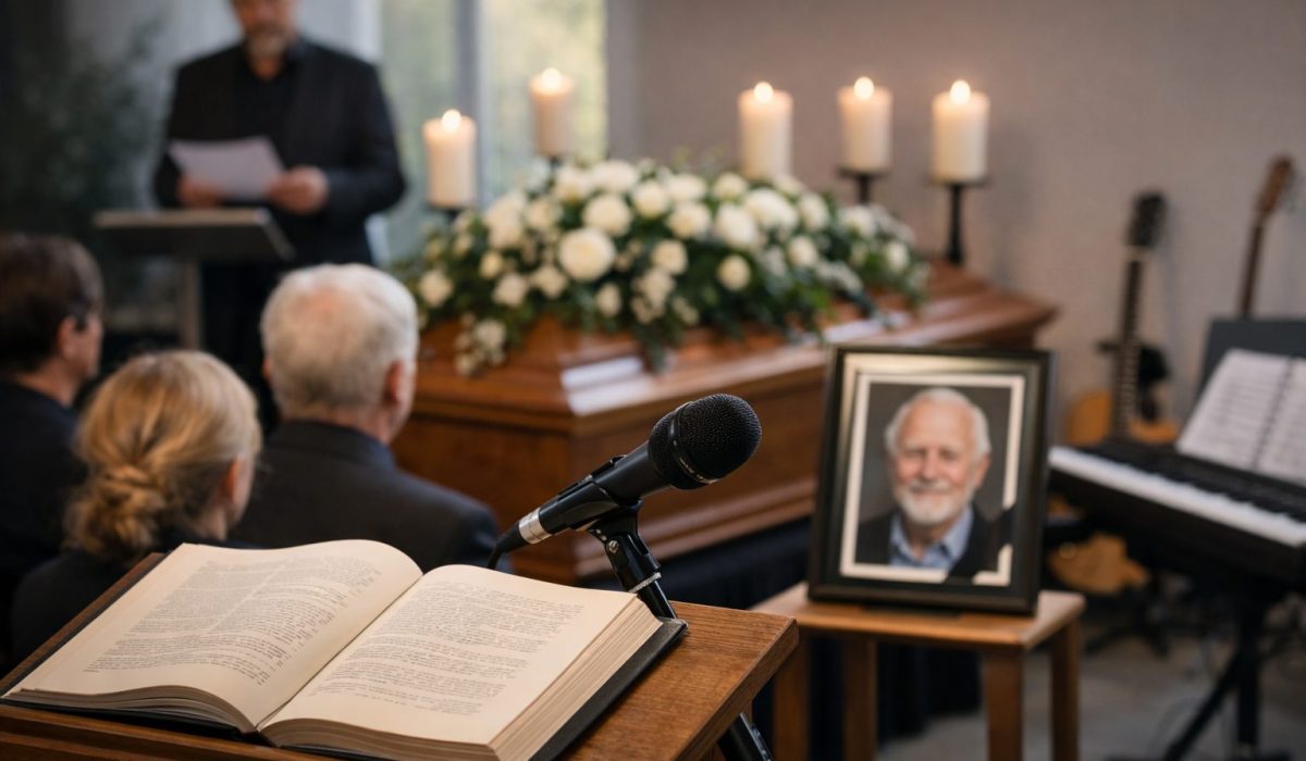 Micro et livre ouvert au pupitre, cercueil fleuri et portrait du défunt lors d’une cérémonie d’adieu en intérieur