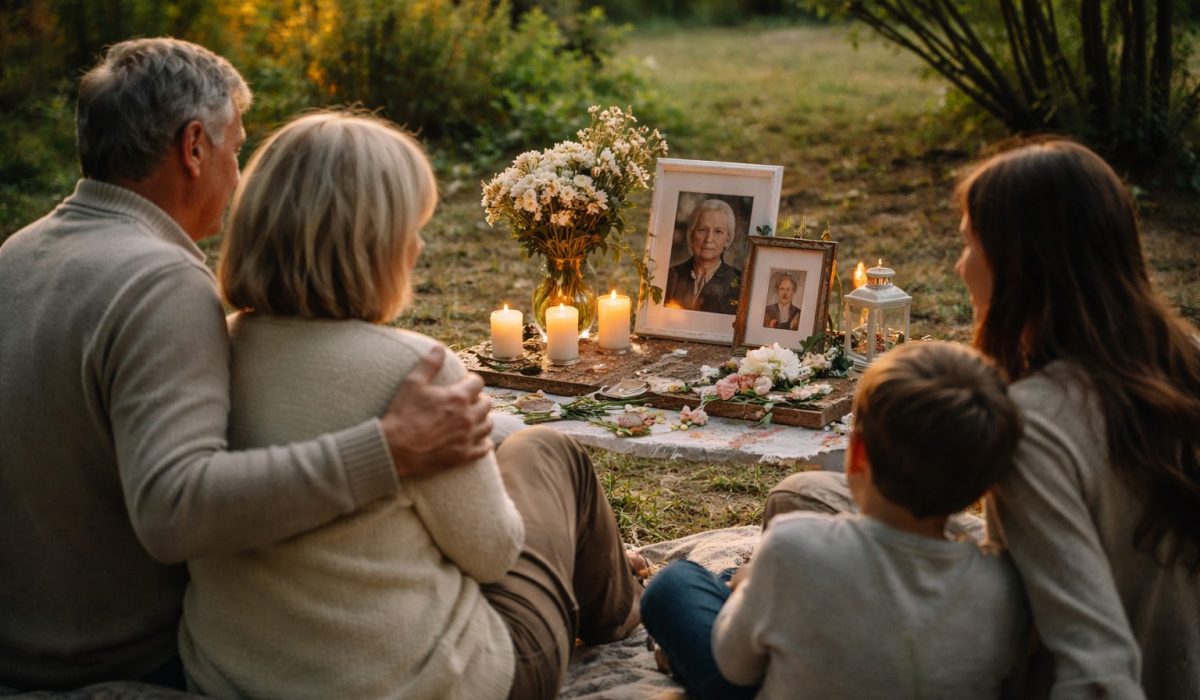 Famille réunie dans un jardin au coucher du soleil, assise sur une couverture face à un petit espace hommage avec bougies, fleurs et photos encadrées.