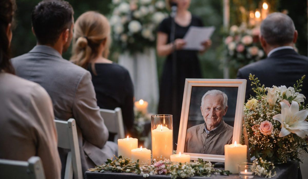 Cérémonie commémorative en extérieur avec des personnes assises, un cadre photo du défunt, des bougies allumées et un bouquet de fleurs au premier plan.