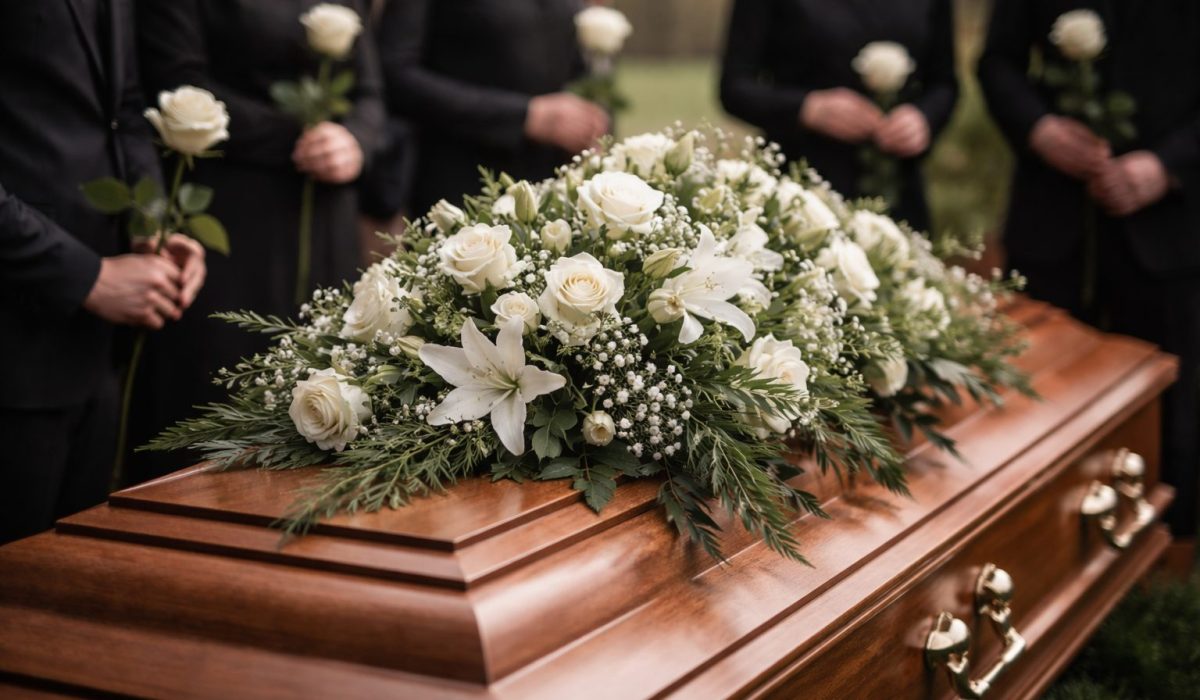 Cercueil en bois verni recouvert d’une composition de fleurs blanches, entouré de proches vêtus de noir tenant des roses blanches lors d’une cérémonie d’inhumation.