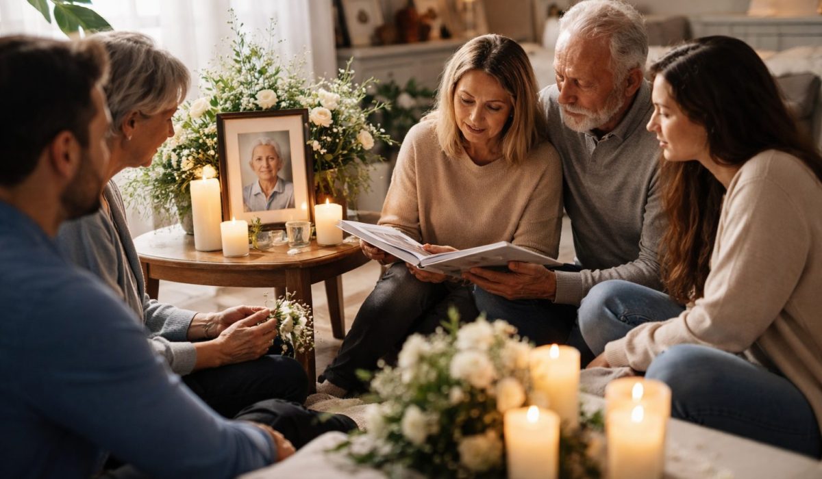 Famille réunie autour de bougies et de fleurs lors d’un hommage familial en petit comité dans un salon lumineux