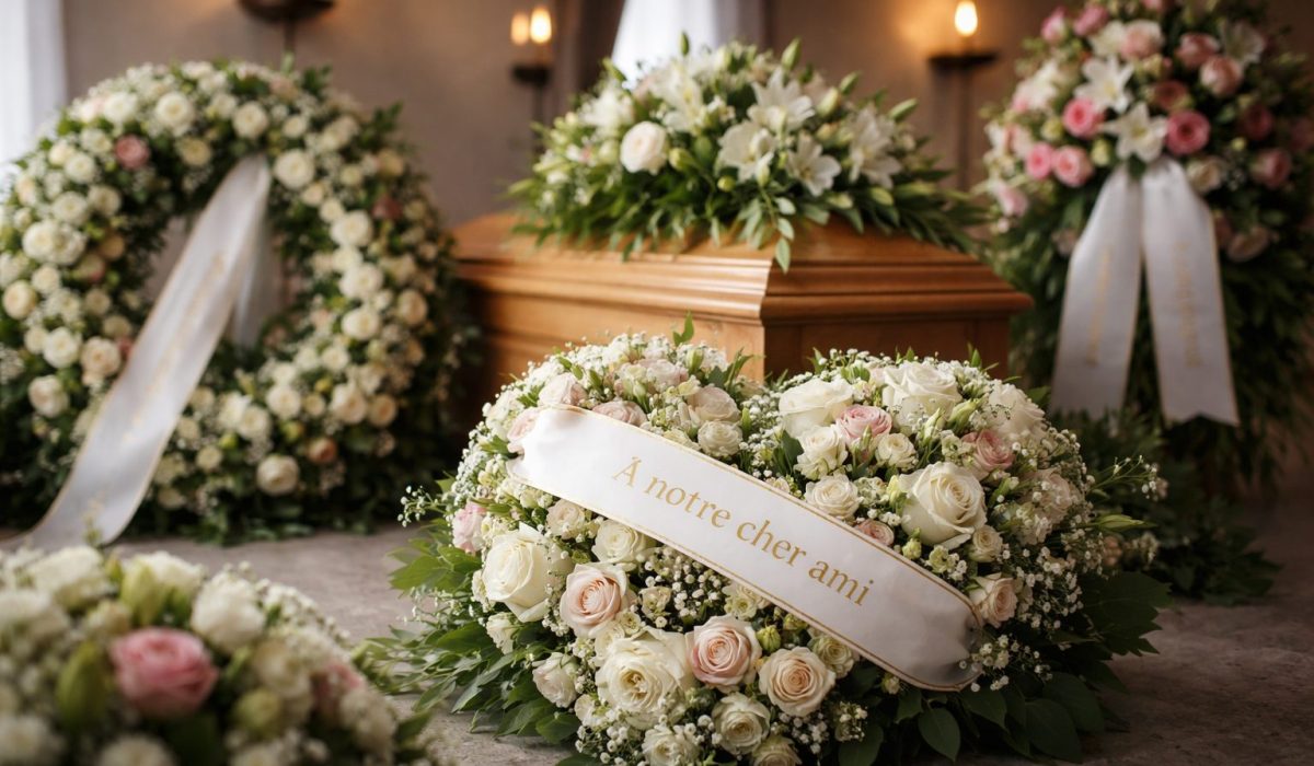 Composition florale funéraire en roses blanches et roses pâles avec ruban « À notre cher ami », posée devant un cercueil, avec deux couronnes en arrière-plan dans une salle de cérémonie